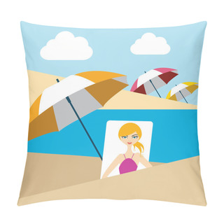Personality  Woman On Summer Beach. Flat Design. Pillow Covers