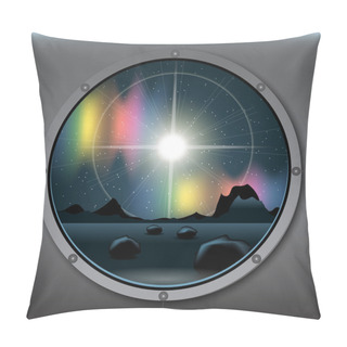 Personality  View From Rocket Or Ship Porthole On A Planet In Space Over A Background With Glowing Stars. Digital Vector Image Pillow Covers