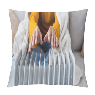 Personality  Cropped View Of Young Man Covered In Blanket Sitting On Sofa And Warming Up Near Radiator Heater, Banner Pillow Covers