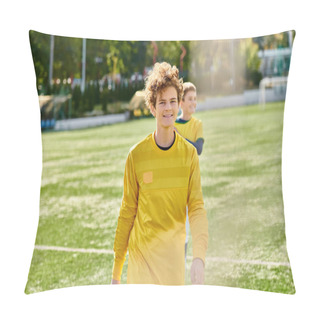 Personality  Two Young Men Celebrate Their Victory By Standing On Top Of A Soccer Field, Showcasing Their Joy And Camaraderie. Pillow Covers