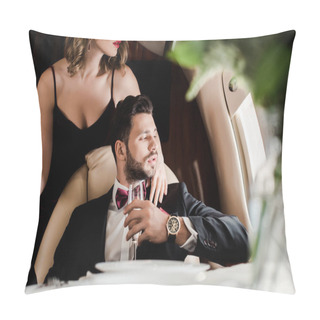 Personality  Cropped View Of Sexy Woman Touching Elegant Man Holding Glass Of Champagne In Plane Pillow Covers