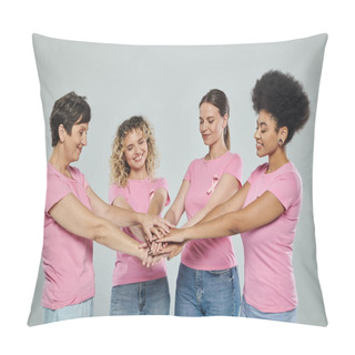 Personality  Cheerful Interracial Women Different Age Gathering Hands On Grey Backdrop, Breast Cancer Awareness Pillow Covers