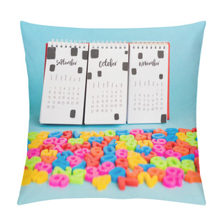 Personality  Calendar And Colorful Plastic Numbers On Blue Background Pillow Covers