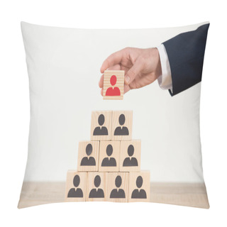 Personality  Cropped View Of Man Talking Wooden Cube From Pyramid On White Pillow Covers