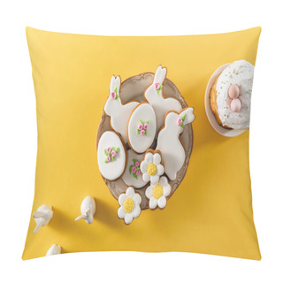 Personality  Top View Of Bowl With Tasty Cookies, Decorative Bunnies And Easter Cake On Yellow Background Pillow Covers