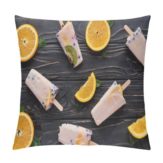 Personality  Top View Of Gourmet Homemade Ice Cream With Orange Slices And Mint On Dark Wooden Table Top Pillow Covers