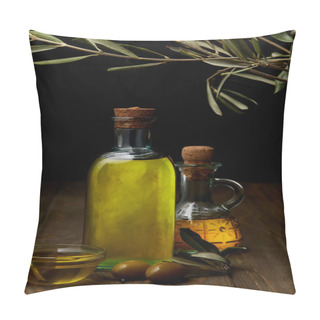 Personality  Bottles Of Various Olive Oil On Wooden Surface Pillow Covers