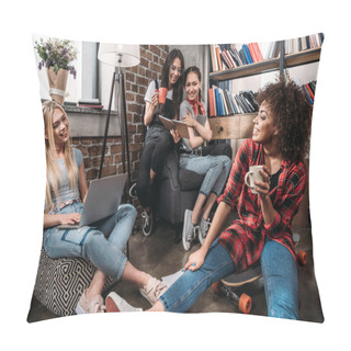 Personality  Smiling Young Women Sitting Together With Laptop And Coffee Cups, Studying And Talking Indoors Pillow Covers