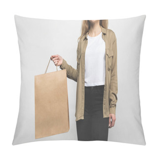Personality  Woman In Stylish Shirt On White With Shopping Bag Pillow Covers