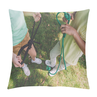 Personality  Overhead View Of Kids Holding Ropes With Sea Knots Outside  Pillow Covers