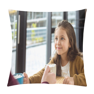 Personality  Cropped Image Of Daughter And Father Changing Their Cups Of Cacao With Marshmallow  Pillow Covers