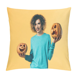 Personality  Smiling Curly Teenager Holding Halloween Pumpkins Isolated On Yellow Pillow Covers