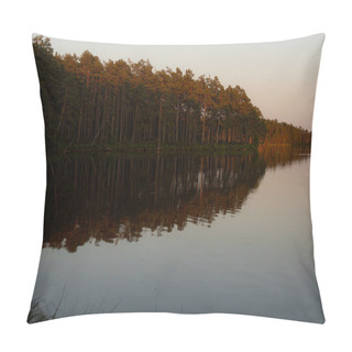 Personality  View Of The Lake With The Reflection Of The Sun In The Trees On The Shore. The Trees Are Reflected In The Lake. Selective Soft Focus. Pillow Covers