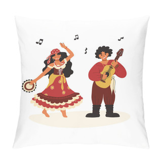 Personality  Couple Of Happy Dancing Gypsies - Girl With Tambourine In Bright Colorful Traditional Dress And Man Which Plays Guitar. Pillow Covers