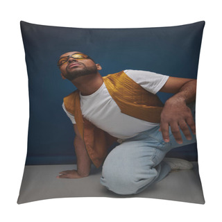 Personality  Stylish African American Man In Vest And Sunglasses Looking Up On Blue Backdrop, Fashion Concept Pillow Covers