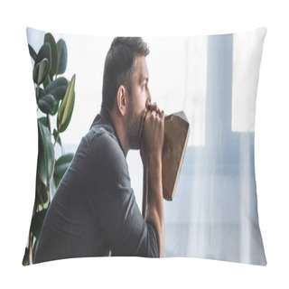 Personality  Panoramic Shot Of Handsome Man With Panic Attack Breathing In Paper Bag In Apartment  Pillow Covers
