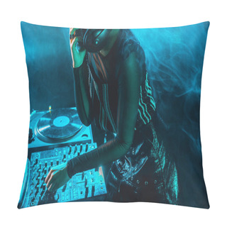 Personality  Cropped View Of Dj Woman Using Dj Mixer In Nightclub With Smoke  Pillow Covers