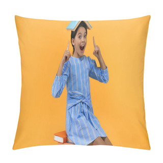 Personality  Excited Kid Pointing With Fingers At Book On Head On Yellow Pillow Covers