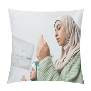 Personality  Low Angle View Of Arabian Woman Praying Near Blurred Daughter At Home  Pillow Covers