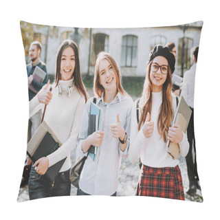 Personality  Thumbs Up. Best Friend Forever. Intelligence. Girls. Happy Together. Students. Courtyard. Books. Standing. Good Mood. University. Knowledge. Architecture. Happiness. Campus. Friends. Happy. Pillow Covers