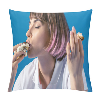 Personality  Sexy Attractive Woman Eating Piece Of Pie Isolated On Blue Pillow Covers