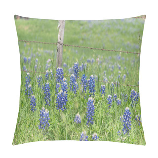 Personality  Bluebonnet Fields Along Rustic Steel Wired Fence In Countryside Of Texas, America Pillow Covers