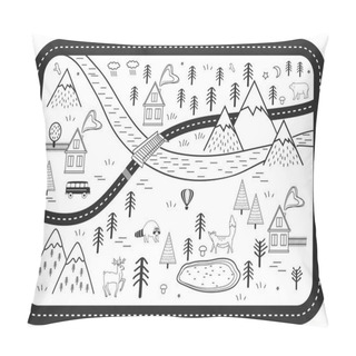 Personality  Black And White Kids Road Play Mat. Vector River, Mountains And Woods Adventure Map With Houses And Animals. Scandinavian Style Art Print Pillow Covers
