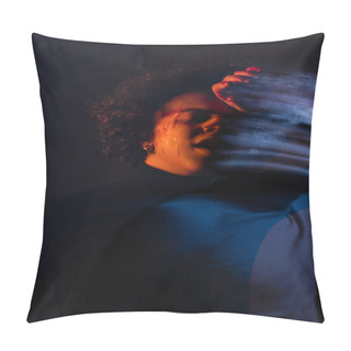 Personality  Double Exposure Of Wounded African American Man Standing With Hand Near Bleeding Face On Dark Background With Red And Blue Light Pillow Covers