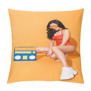 Personality  Stylish Woman In Sneakers, Bathing Suit And Sunglasses Sitting Near Paper Cut Boombox On Orange Pillow Covers