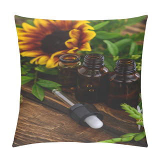 Personality  Bottles With Essential Oils, Dropper And Sunflower On Wooden Surface Pillow Covers