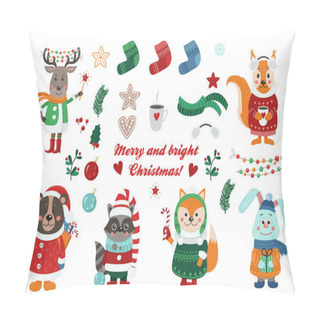 Personality  Big Christmas Set With Isolated Cute Forest Animals Dressed In Winter Clothes And Christmas Items. Vector Illustration For Your Design Pillow Covers