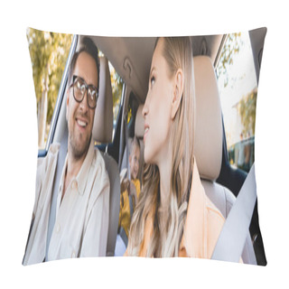 Personality  Smiling Parents Looking At Each Other Near Kid On Blurred Background In Car, Banner  Pillow Covers