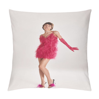 Personality  Elegant Woman In A Red Feather Dress Posing For A Picture On A Vibrant Backdrop. Pillow Covers