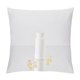 Personality  Omega Fish Hat Supplement Capsules With Blank Jar On Reflective Surface And On White Pillow Covers