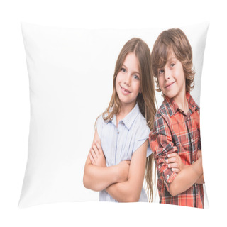 Personality  Kids Posing Over White Pillow Covers