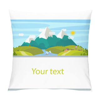 Personality  Summer Landscape In The Mountains. River, Hills And Houses. Place For The Label. Vector Illustration. Pillow Covers