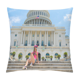 Personality  Young Girl Sitting On The Stairs By The United States Capitol In Washington, DC. Pillow Covers