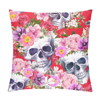 Personality  Human Skulls, Flowers On Red Background. Seamless Pattern. Watercolor Pillow Covers