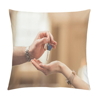 Personality  Cropped Shot Of Real Estate Agent Passing Key To Client Pillow Covers