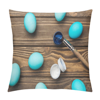 Personality  Top View Of Pastel Blue Easter Eggs, Paints And Paintbrush On Wooden Surface Pillow Covers