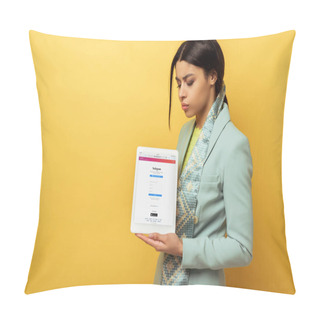 Personality  Displeased African American Woman Holding Digital Tablet With Instagram App On Yellow  Pillow Covers