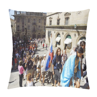 Personality  Catholic Pilgrims Come Up To St. James Cathedral On Saint James Day In Santiago, Spain. Pillow Covers