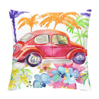 Personality  Retro Car On Summer Background With Palm Trees And Flowers. Seamless Background. Pillow Covers