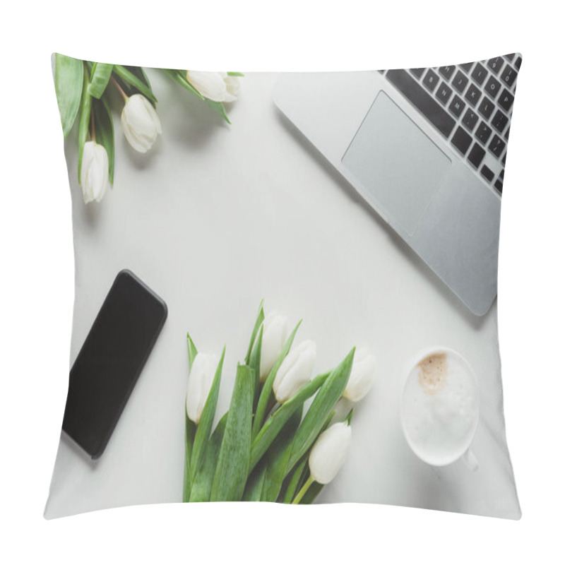 Personality  Flat Lay With Coffee Cup, Laptop, Smartphone And White Tulips On White Surface Pillow Covers