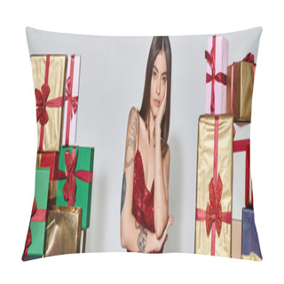 Personality  Pretty Lady In Red Attire Near Presents With Hand On Cheek Looking At Camera, Holiday Gifts, Banner Pillow Covers