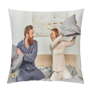 Personality  Day Off Without Kids, Having Fun, Pillow Fight, Redhead Husband And Wife, Happy Couple In Sleepwear Enjoying Time Together, Bearded Man And Carefree Woman, Tattooed People  Pillow Covers