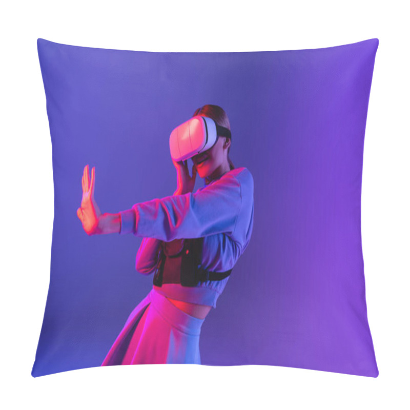 Personality  Woman In Virtual Reality Headset Gesturing On Purple Background  Pillow Covers