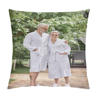 Personality  Happy Mature Man With Tattoo Hugging Wife In Sunglasses And Robe In Summer Garden, Wellness Retreat Pillow Covers