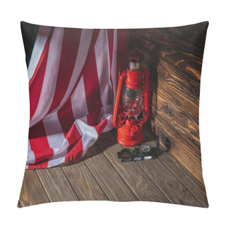 Personality  American Flag, Red Lantern And Compass On Wooden Surface  Pillow Covers