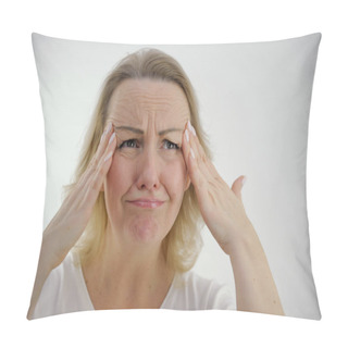 Personality  Portrait Of Attractive Overwhelmed Desperate Girl Bad News Reaction Fail Isolated Over White Color Background. High Quality Photo Pillow Covers